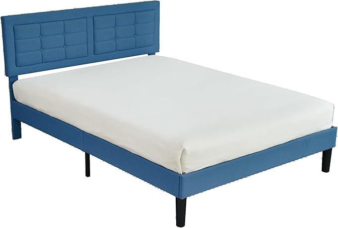 VECELO Full Size Bed Frame with Adjustable Headboard, Upholstered Button Tufted Platform Bedframe with Wood Slats Support, No Box Spring Needed, Aegean Blue