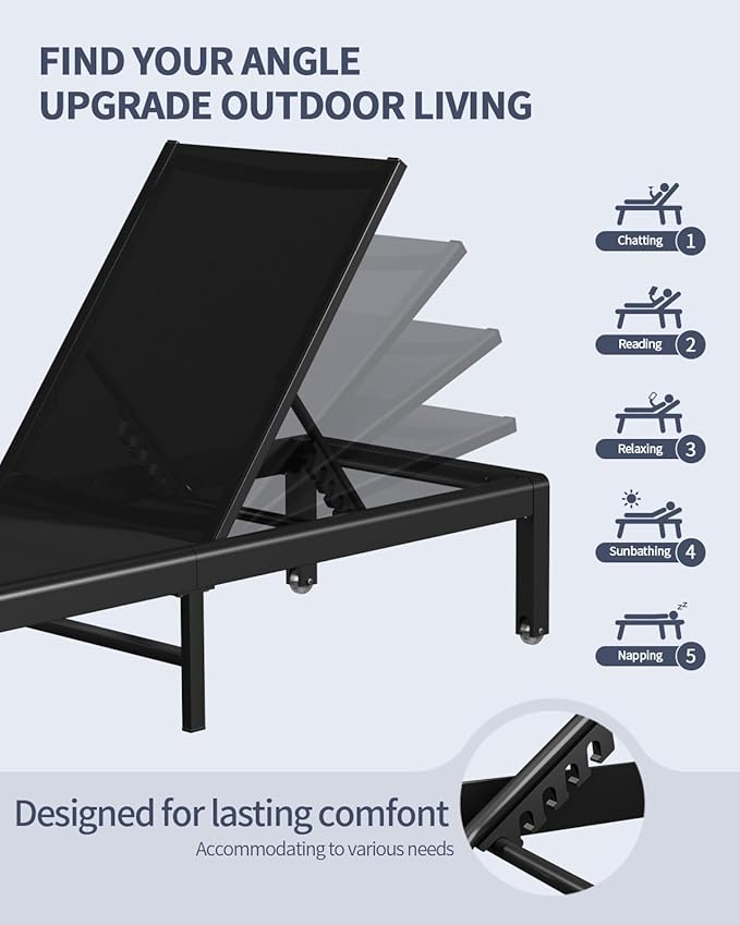Aluminum Lounge Chairs Outdoor Chaise Furniture,2 Sets Patio Metal Deck Lounger Adjustable 5-Position Poolside Chase Recliner with Wheels for Beach,Coffee Table, (Black, 1 Chair)