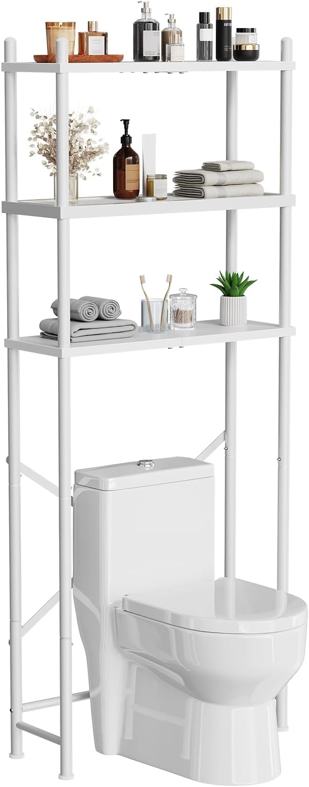 HOOBRO Over The Toilet Storage, 3-Tier Over Toilet Bathroom Organizer, Freestanding Above Toilet Shelf with Adjustable Feet, Space Saving, Easy Assembly, White WW63TS01