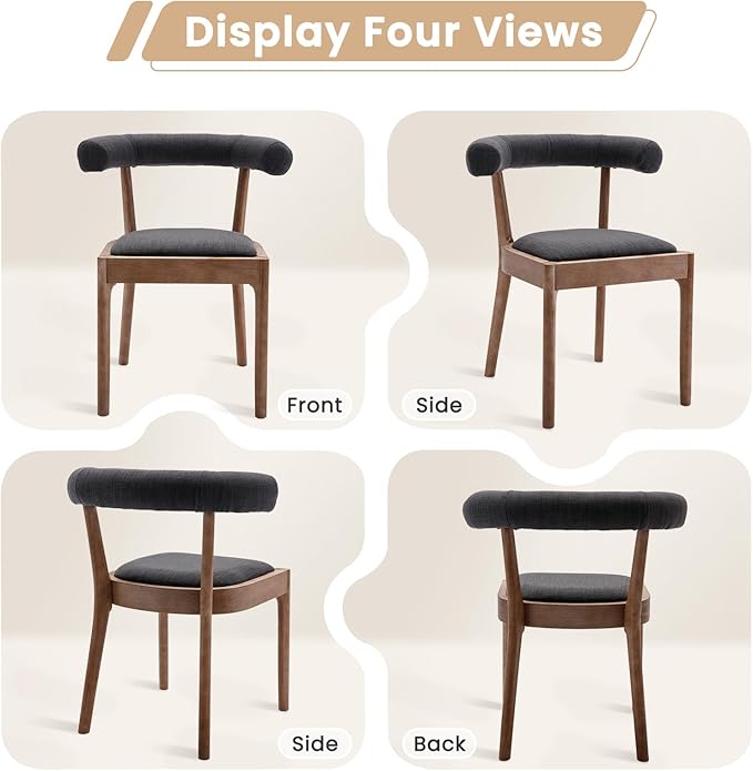 Kmax Dining Room Chairs Mid-Century Modern Fabric Kitchen Chairs with Natural Walnut Finished Frame, Linen Curved Back, 2-Pcs Set, Charcoal Black