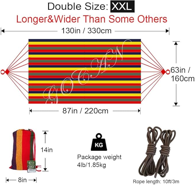 Double Hammock 2 Person Extra Large 220x160cm Total Length 330cm Load 500lb Canvas Cotton Hammock for Patio Porch Garden Backyard Lounging Outdoor and Indoor with Removable Spreader bar