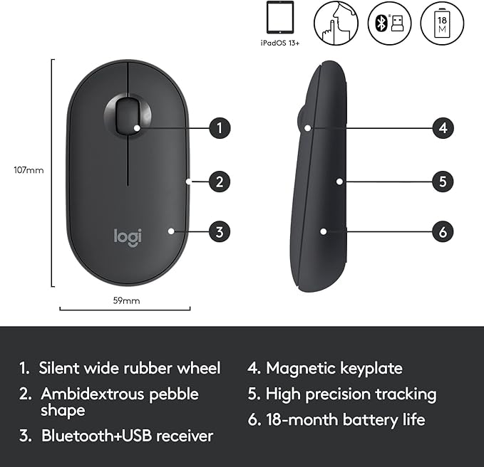 Logitech Pebble i345 Wireless Bluetooth Mouse for iPad - Graphite