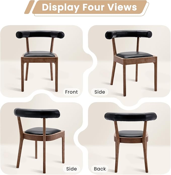 Kmax Dining Room Chairs Mid-Century Modern Leather Kitchen Chairs with Natural Walnut Finished Frame, PU Curved Back, Set of 6, PU Black