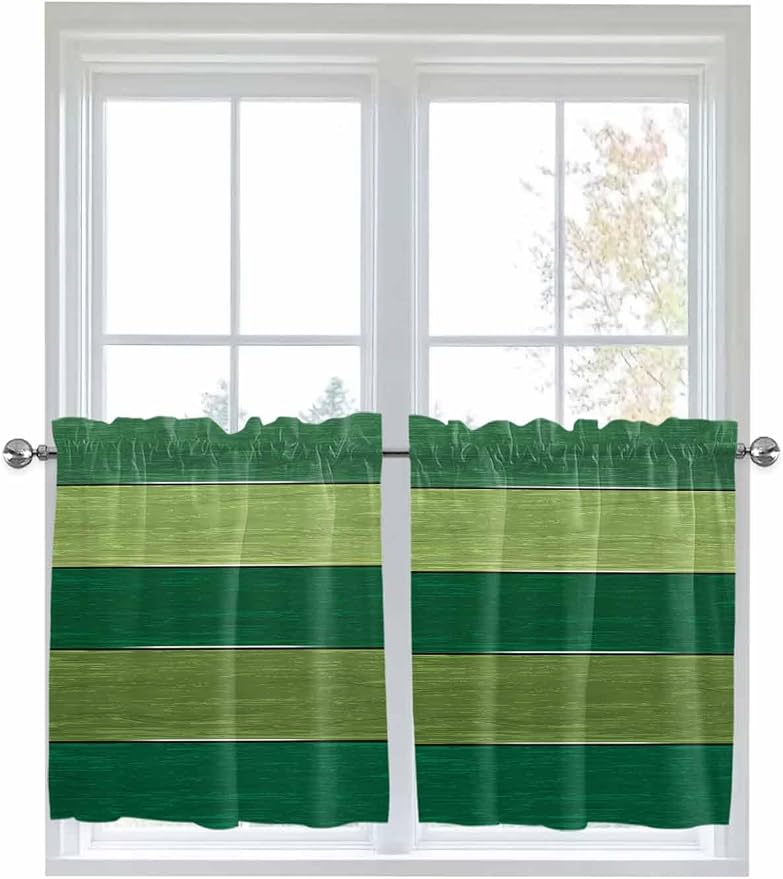 Farm Retro Green Wood Grain Window Valance Curtains, Rustic Wooden Plank