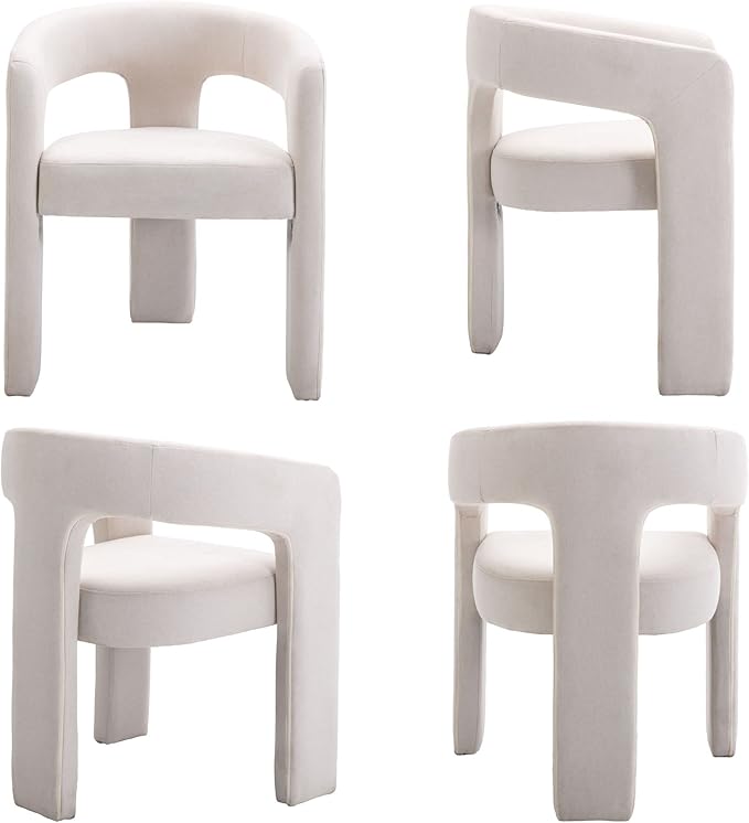 Set of 6 Modern Linen Fabric Upholstered Dining Chairs with Open-Back, Cute Barrel Side Chairs Kitchen Armchair Accent Chairs for Dining Room Bedroom, Ivory