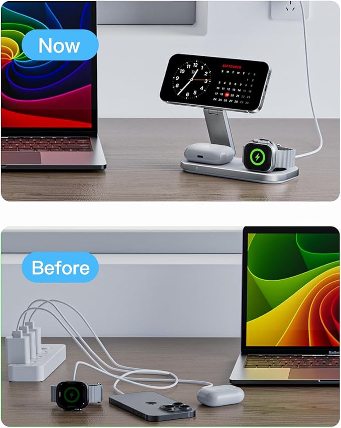 3-in-1 Charging Station for Apple Device Foldable Magnetic Wireless Fast Charger Stand Compatible with MagSafe for iPhone 17e/17/16/15/14/13/12/Air Series Apple Watch & AirPods-Black