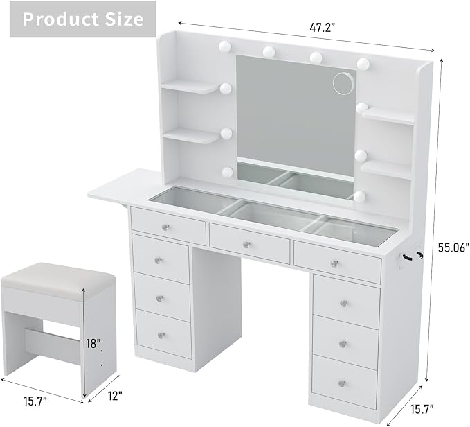 Vanity Desk & Power Outlet, Makeup Vanity with Mirror and 10 LED Lights, 3 Lighting Modes Brightness Adjustable, Makeup Table with 4 Shelves and Fold-up Panel, Vanity Set for Bedroom, White