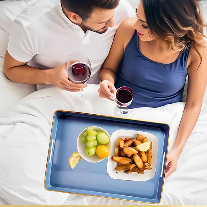 Large Blue Coffee Table Tray, Decorative Serving Tray with Handles, Plastic Rectangular Tray for Ottoman, Bathroom, Living Room.16.7"*12"*1.6"