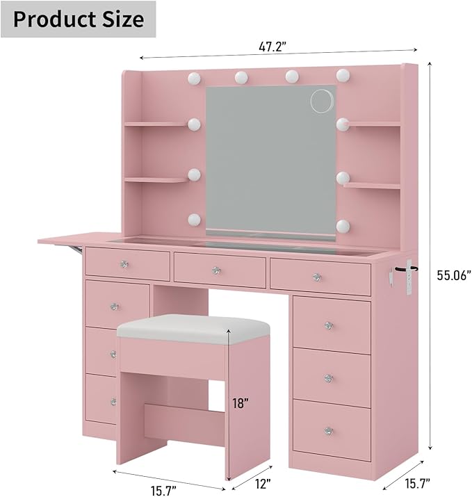 9 Drawers Vanity Desk & Power Outlet, Makeup Vanity with Mirror and 10 LED Lights, 3 Lighting Modes Brightness Adjustable, Makeup Table with 4 Shelves and Fold-up Panel, Vanity Set for Bedroom, Pink