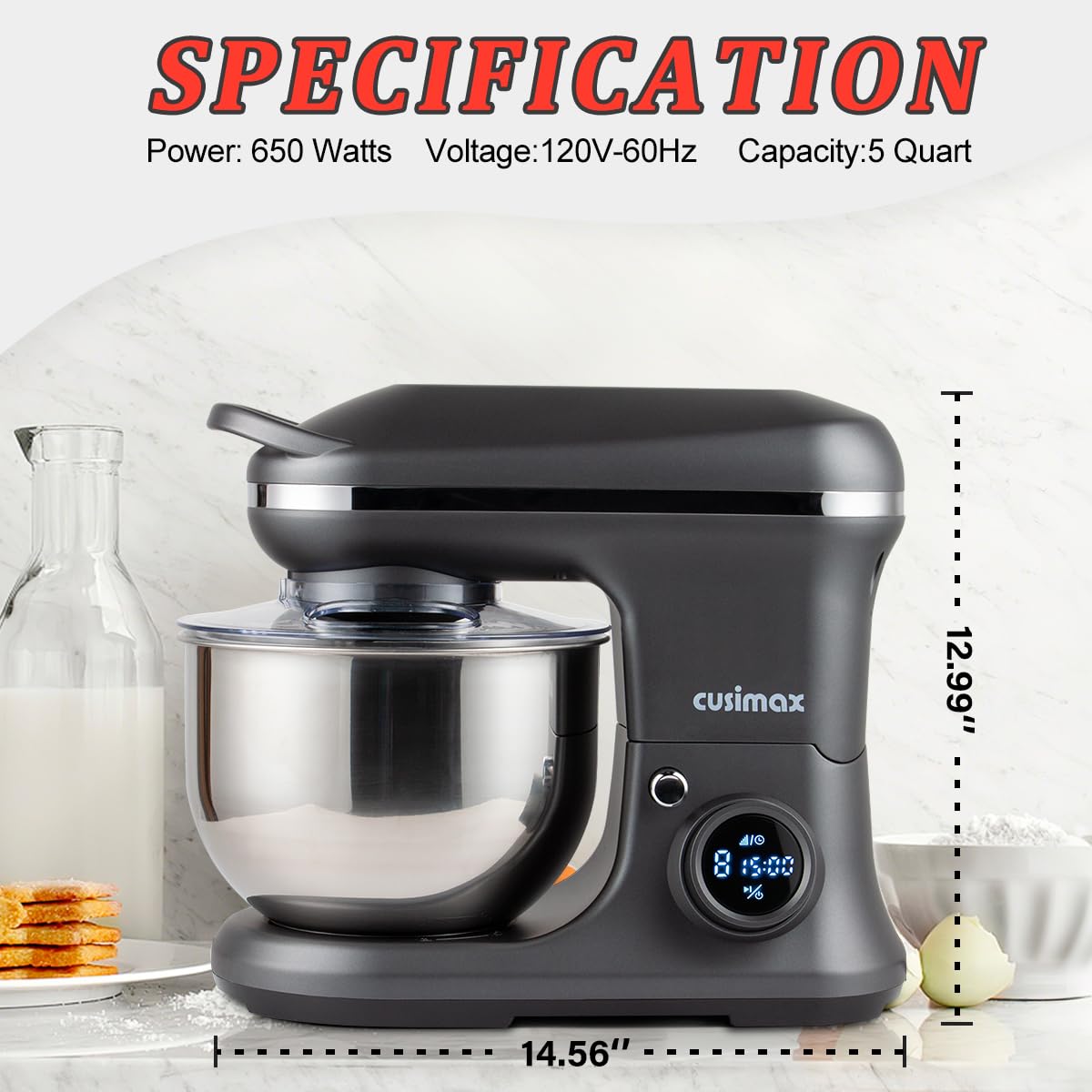 Stand Mixer, CUSIMAX Kitchen Mixer with Digital Switch Control, 650W