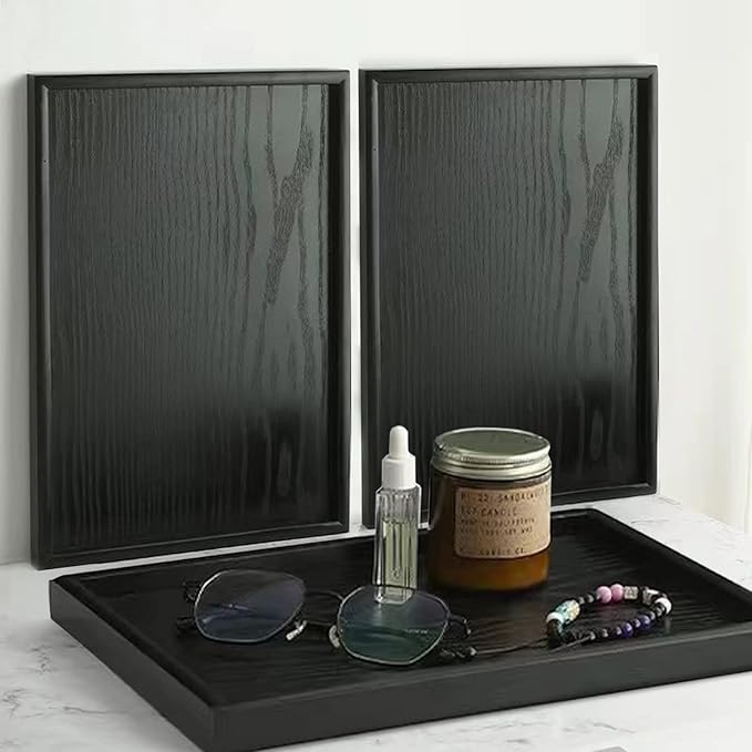 17.7 x 13 Inches Extra Large Solid Wood Serving Tray for Tea Coffee Table Snack Food Meals Serving Plate Kitchen Party Bar Breakfast Server with Raised Edges Black Wooden Decorative Ottoman Tray