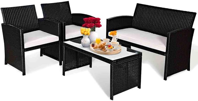 Tangkula Patio Wicker Conversation Furniture Set, Patiojoy Sofa & Table Set w/4 Seats, Outdoor Rattan Sofa Set for Balcony Backyard, Wicker Chair Set with Tempered Glass Coffee Table (1, White)