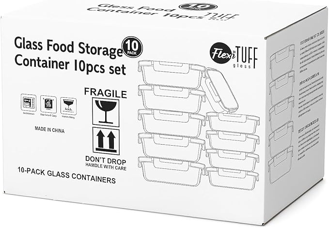 FlexiTuff Glass 20pcs Set Food Storage Containers (10 Airtight & 10 Lids) |Lunch Containers | Meal Prep Containers | BPA Free, Leakproof Lids, Dishwasher, Microwave and Freezer Safe for Kitchen