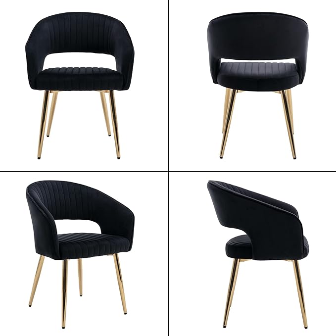 Modern Black Velvet Dining Chairs Set of 8, Upholstered Gold Dining Room Chairs with Tufted Back, Accent Armrest Kitchen Chairs with Gold Legs for Dining Room Reception