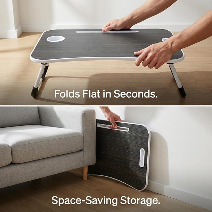 BUYIFY Folding Lap Desk, 23 Inch Portable Wood Black Laptop Bed Desk Lap Desk with Cup Holder, for Working Reading Writing, Eating, Watching Movies for Bed Sofa Couch Floor