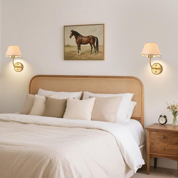 Boho Hand Woven Rattan Wall Sconces Set of Two Gold Rustic Wall Lamp with Grass-Woven Lampshade Hardwire Brass Farmhouse Wall Lights for Bedroom Living Room Hallway Vanity