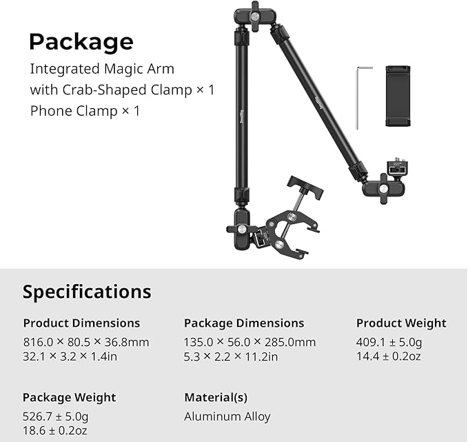 SmallRig 22.4" Magic Arm with Super Clamp, Overhead Phone Mount, Flexible Desk Camera Mount with 1/4" Screw and Cable Clip, Max Load 2.2lb, for iPhone, Action Camera, Video Light, Webcam, Mic - 5625