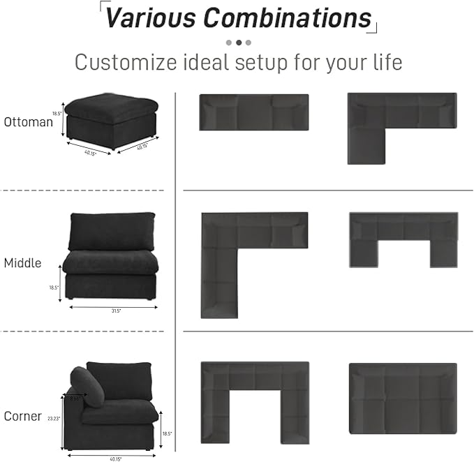 Cloud Modular Sectional Sofa with Storage Ottoman,120.45" L Shaped Couch for Living Room,Down Filled Convertible Couch Deep Seat for Office Apartment,Covers Washable&Replaceable (Black)