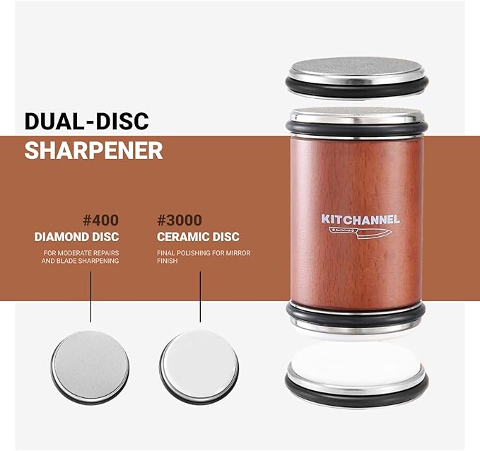 Rolling Knife Sharpener Kit, Diamond & Ceramic Sharpening Discs, 15° & 20° Magnetic Angle Guide, Fast & Safe Sharpening System for Kitchen, Chef & Pocket Knives, Razor Sharp Edge