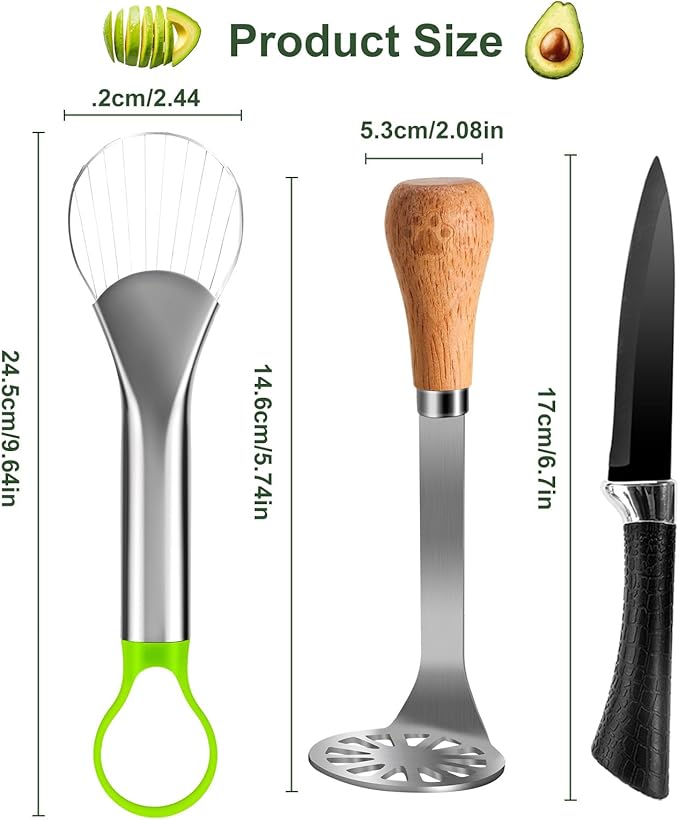 OERPHO 3-in-1 Avocado Slicer Tool Set – Stainless Steel Avocado Cutter, Masher & Peeler, Multi-Function Kitchen Gadget for Guacamole, Salads & Food