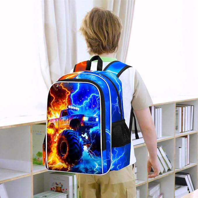 gxtvo 3PCS Kids Truck Backpack for Boys, 17" Boys Bookbag with Lunch Box, Water Resistant Middle Elementary School Bag - Fire & Lightning Truck