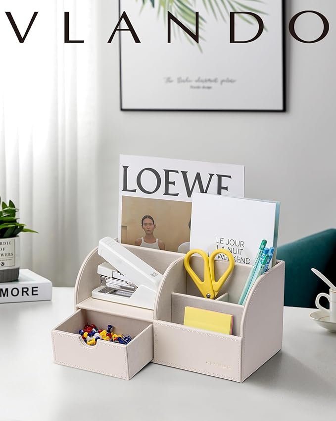Vlando Office Desk Organizer Leather Desktop Organizer Caddy with Drawer for Storing Desktop Supplies and Accessories (White)
