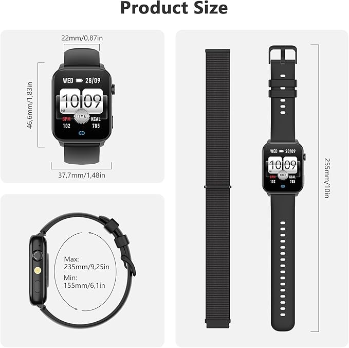 Blackview Smart Watch for Men Women,1.91" HD Touchscreen Fitness Watch with Flashlight, Bluetooth Notifications/Make Calls, Heart Rate/Sleep Monitor/2 Straps, Fitness Watch for Android/iPhone