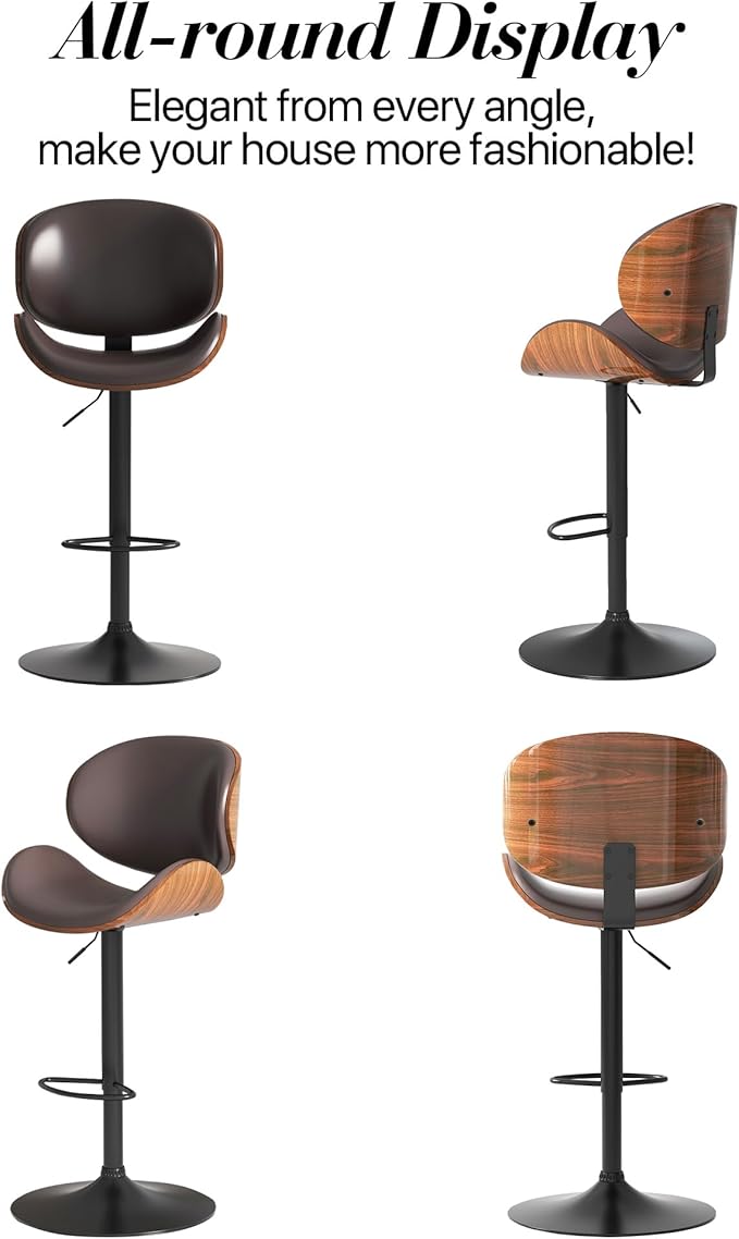 Adjustable Swivel Bar Stools Set of 3, Modern Bentwood Barstool with Large Metal Base and Footrest, PU Leather Upholstered Bar Chair with Curved Back for Kitchen Island Dining Room, Brown