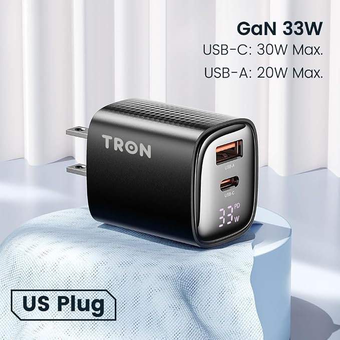 Tron 33W GaN Power Adapter Dual USB-C & USB-A Ports Universal Compatibility CNC Aluminum Construction AC 100-240V Input Digital DisplayTR14