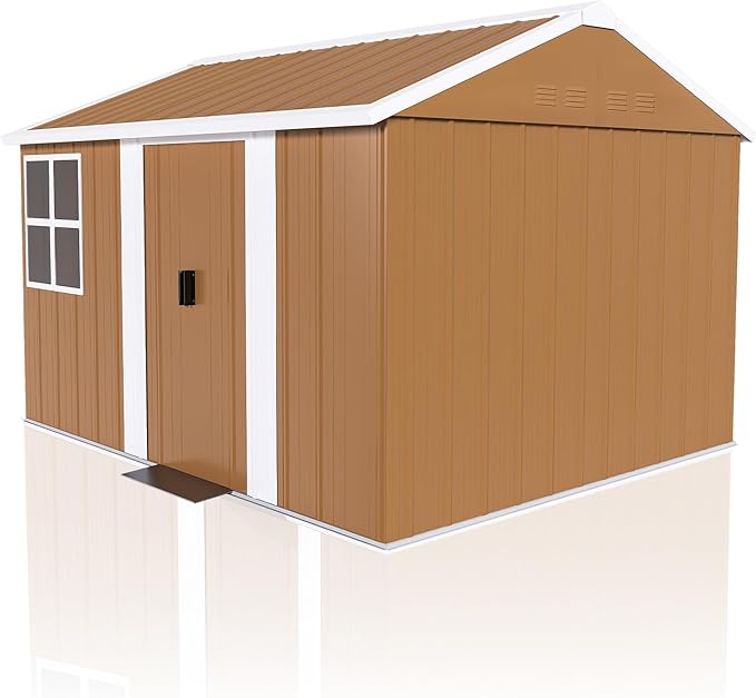 8x12 FT Outdoor Storage Shed, Metal Tool Storage with Updated Frame Structure, Vertical Outside Storage Building, Ventilation, Sloped Roof, Metal Garden Shed for Backyard, Lawn, Patio (8x12 FT)