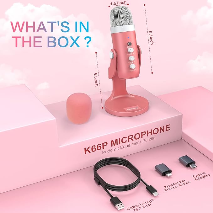 ZealSound Gaming USB Pink Microphone with Quick Mute for Phone Computer PC PS5,Studio Mic with Gain Control,Echo&Monitor Volume Adjust for Streaming Vocal Recording ASMR Podcast Video K66