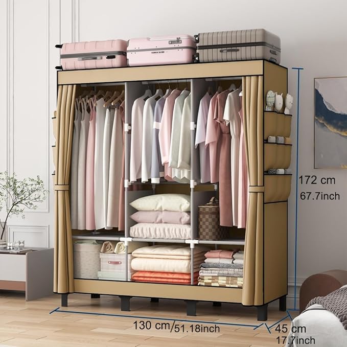Portable Closet, 51.18" Large Capacity Clothing Storage Organizer with 3 Hanging Rods 6 Shelves 18 Side Pockets, Dustproof Sturdy Wardrobe for Bedroom Dorm Rental Apartment(Colour, Large)