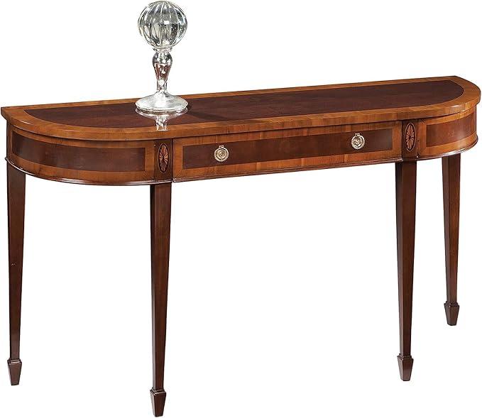 Hekman Furniture Copley Place Sofa Table - Yewood Border, Swirl Wood Inset, Wooden Inlay & Brass Hardware Refined Demilune Console for Traditional or Transitional Spaces Best Home Decor Piece