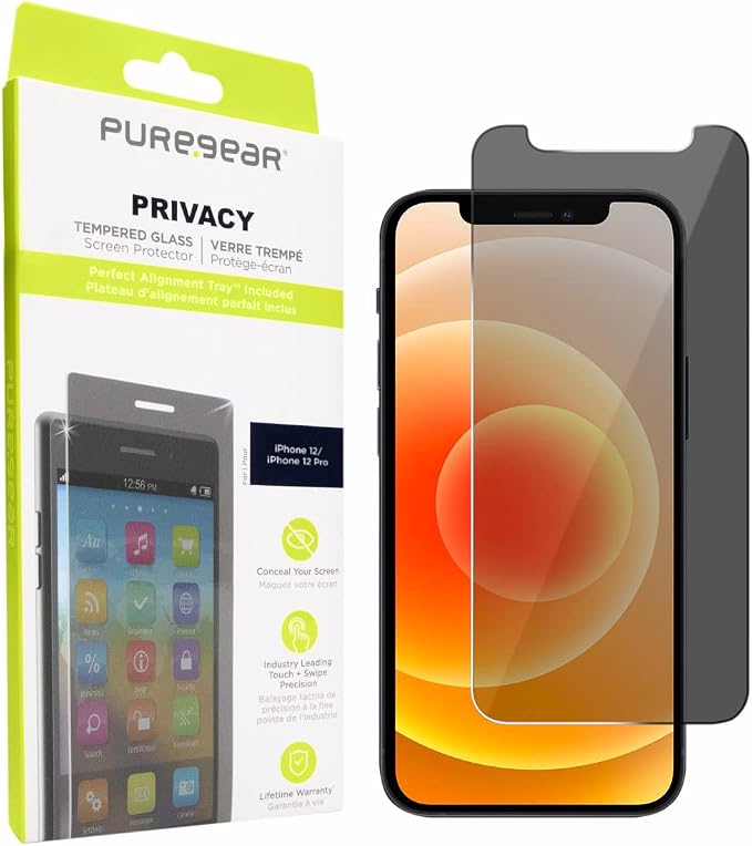 PureGear 2-Way Privacy Tempered Glass Screen Protector Compatible w/ Apple iPhone 12 / 12 Pro 6.1 (2020) Self Alignment Installation Tray Touch Sensitive Case Friendly Anti-fingerprint Coating L