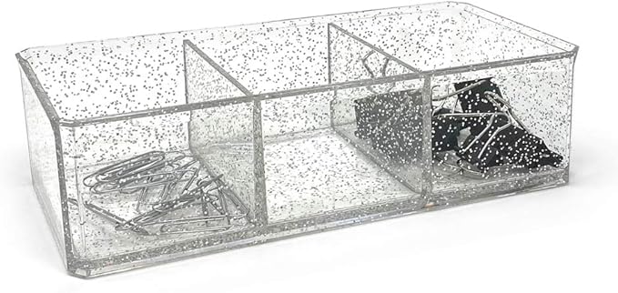 Isaac Jacobs Clear Acrylic 3 Section Organizer- Three Compartment Drawer Tray and Storage Solution for Office, Bathroom, Kitchen, Supplies, and More (Silver Glitter)