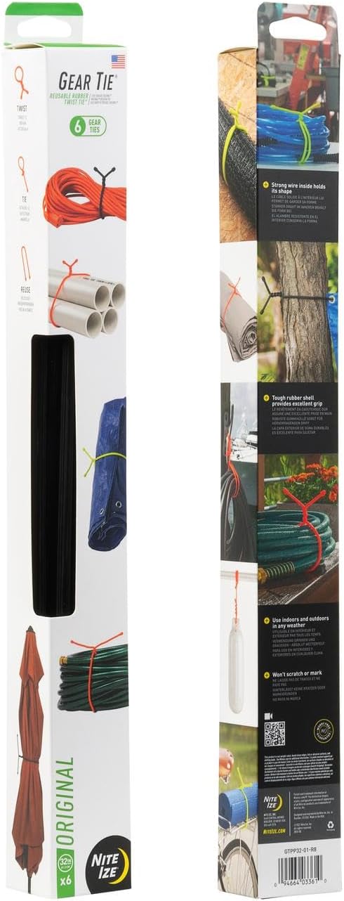 Nite Ize Original Gear Tie, Reusable Rubber Twist Tie, 32-Inch, Black, 6 Count Pro Pack, Made in the USA
