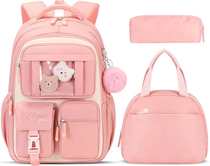 Girls Backpack with Lunch Box 3Pcs, Kawaii School Bag Set for Kid Elementary Middle School, Multi-Pocket Cute Laptop Bookbag Lightweight, Pink