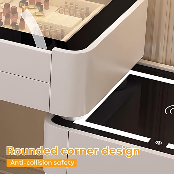 Makeup Vanity Desk, Modern Dressing Table Include LED Smart Round Mirror and Glass Countertop, Luxury Vanity Set with Makeup Chair, Side Cabinet with Drawers Storage and Ambient Light (White,40")