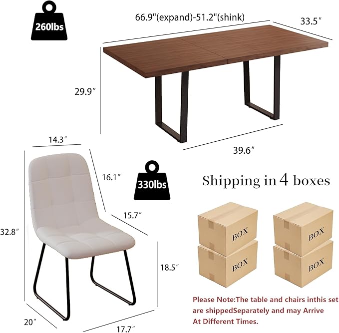 ZckyCine 67" Expandable Walnut Dining Table with 6 PU Leather Chairs, 7-Piece Modern Dining Set, Sturdy Metal Legs, Adjustable 51"-67" Rectangle Table for Kitchen & Dining Room