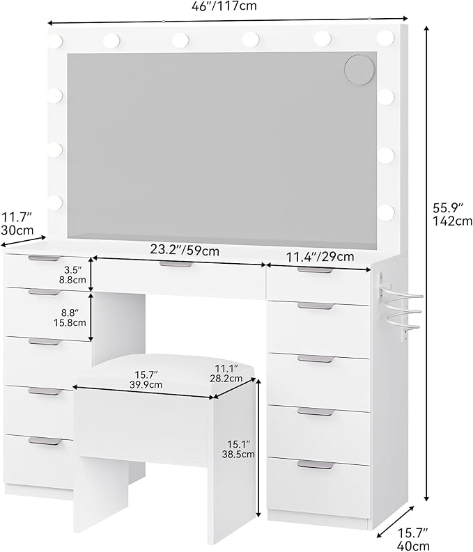 YITAHOME Makeup Vanity Desk with LED Mirror & 3 Brightness Levels, Makeup Table with 11 Drawers, Magnifying Glass, Power Outlets, Hairdryer Holder & Storage Cushion Stool for Dressing Room