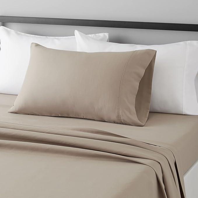 Amazon Basics Lightweight Super Soft Easy Care Microfiber 3-Piece Bed Sheet Set with 14-Inch Deep Pockets, Twin XL, Taupe, Solid