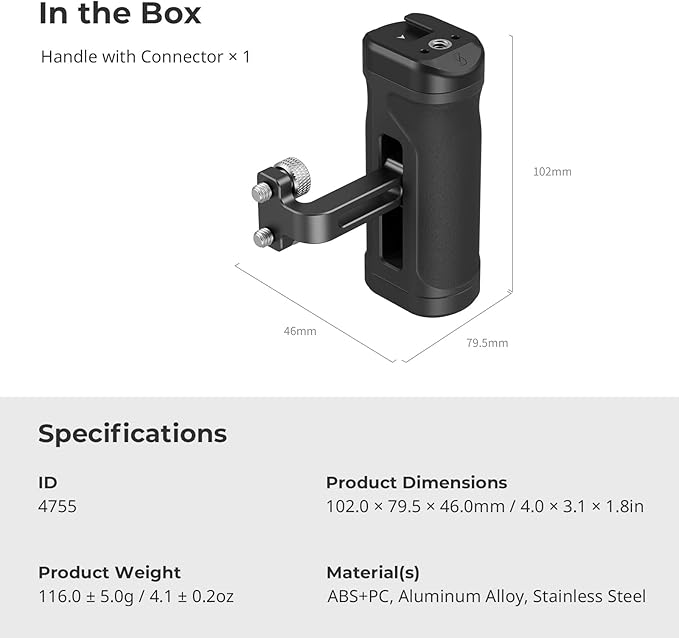 SmallRig Mini Side Handle for 1/4"-20 Threaded Holes, Camera Cage Handle for Left or Right Hand, Up and Down Adjustable, with Built-in Cold Shoe & Threaded Hole - 4755