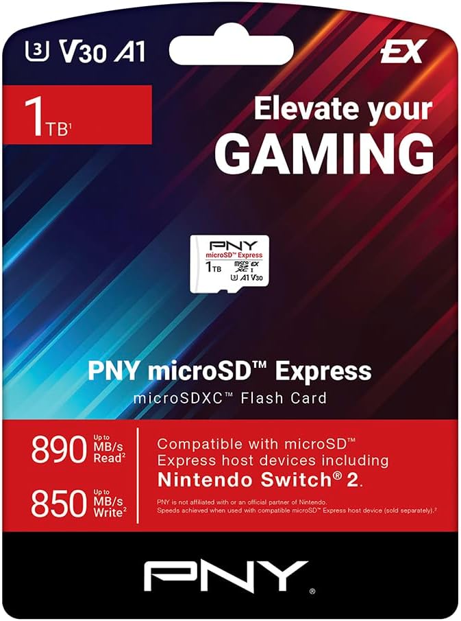PNY microSD™ Express 1TB UHS-I U3 V30 A1 microSDXC Flash Memory Card, up to 890 Read & up to 850 Write, Ideal for microSD Express Compatible Devices Like Nintendo Switch 2