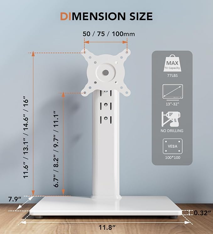 Hemudu Single LCD Computer Monitor Free-Standing Desk Stand Riser for 13 inch to 32 inch Screen with Swivel, Height Adjustable, Rotation, Holds One (1) Screen up to 77Lbs(HT05W-001) White