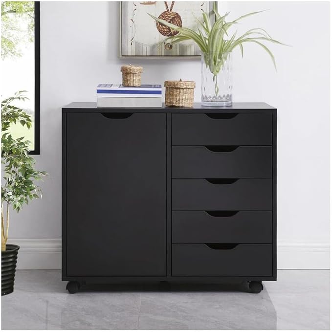 5-Drawer Wood Drawer Cabinet, Office Storage Cabinet with Adjustable Shelf & Wheels, Printer Stand for Home Office, Black, 15.7" D x 30.7" W x 25.4" H