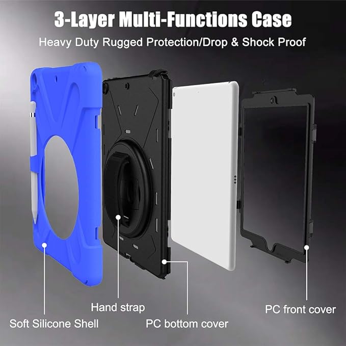 ZenRich Shockproof Case for iPad 9th/8th/7th Generation 10.2 inch 2021/2020/2019, Heavy Duty Rugged Case with Pencil Holder/360° Rotating Kickstand/Handle/Carrying Strap, Blue