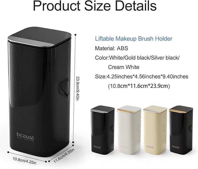 DASITON Makeup Brush Holder with Lid,4 Slots Makeup Brush Organizer,Automatic Lifting Makeup Cosmetics Organizer,for Vanity Decor,Bathroom Countertop,Dustproof Cosmetic Brushes Container(Silver-Black)