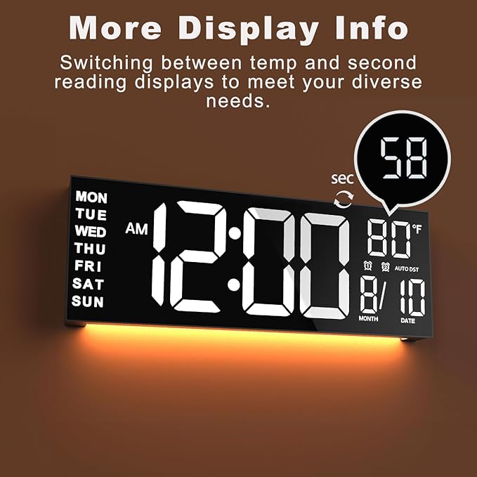 JALL 13" Large Digital Wall Mount Clock, Count Down Timer, Alarm, Big LED, DST, Temperature for Living Room Classroom Desk, Xmas, Birthday Gift for Senior Mom Dad, White
