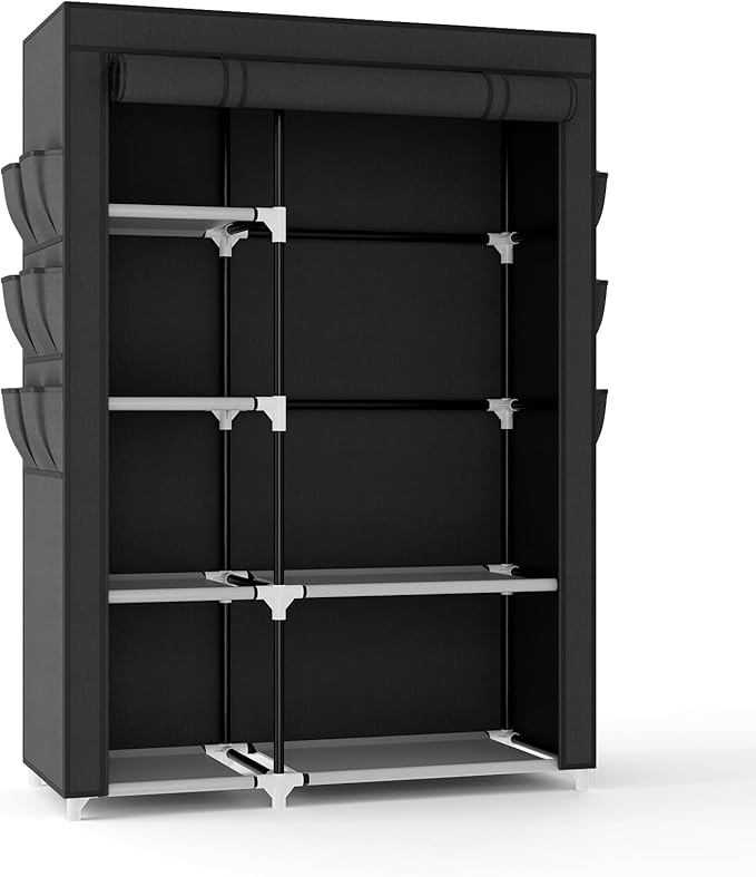 VTRIN Wardrobe Closet, 41.7 Inch Wide Portable Closets for Hanging Clothes with 1 Hanging Rod, 6 Shelves, 6 Pockets, Clothes Rack with Cover Portable Wardrobe Closet for Bedroom, Dorm, Black