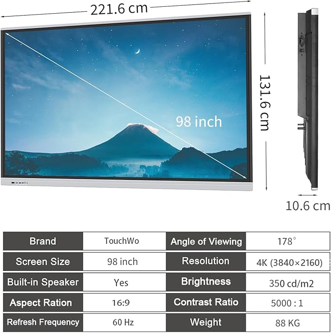 TouchWo 98" Touchscreen Monitor Smart Board, 4K Interactive Presentation Electronic Whiteboard with Android 13, Digital Signage Display for Office, Classroom,RAM 4GB+ ROM 32GB